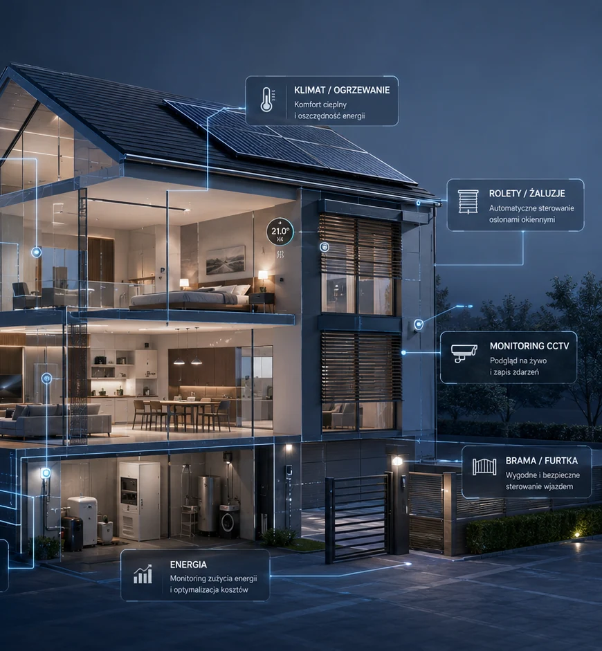 Nowoczesny dom z instalacją smart home, monitoringiem, energią i automatyką