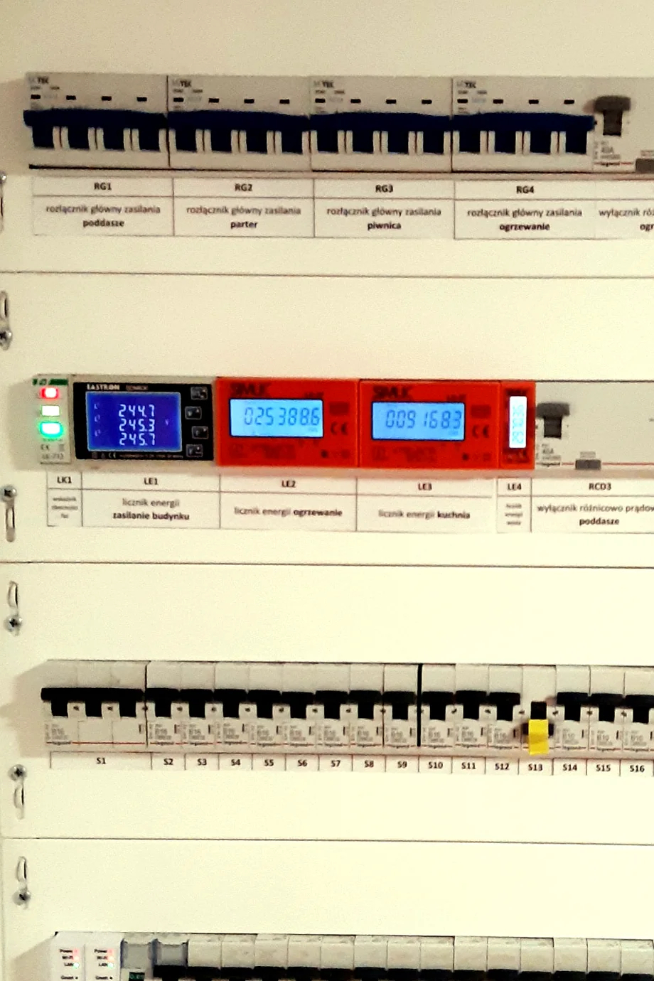 Liczniki energii zabudowane w rozdzielnicy domu